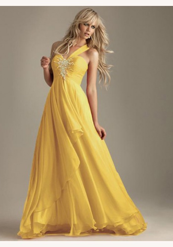 Žlté dlhé šaty s flitrami na jedno rameno 214E
