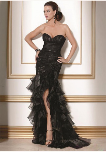 Čierne dlhé úzke korzetové šaty s volánovou sukňou 253