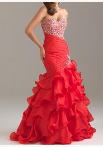 Červené dlhé korzetové šaty s volánovou sukňou morská panna 278b