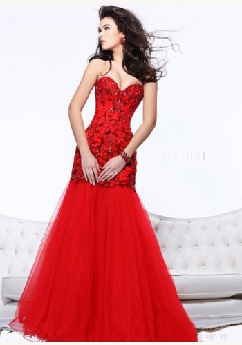 Červené dlhé korzetové šaty morská panna 281