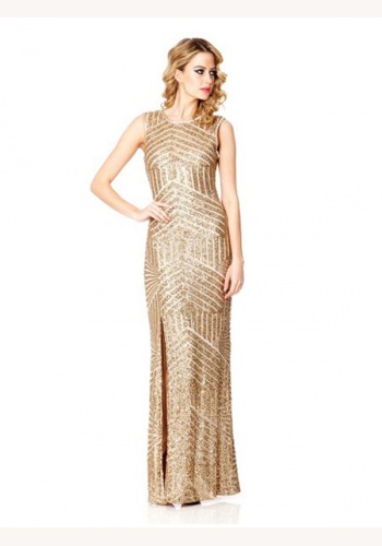 Zlaté dlhé úzke flitrované šaty bez rukávov 358Q