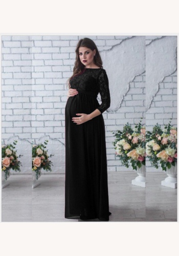 Čierne dlhé tehotenské šaty s čipkou s 3/4 rukávom 414Ea