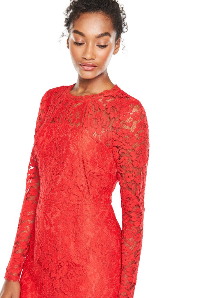 Červené midi čipkované šaty s dlhým rukávom 182V