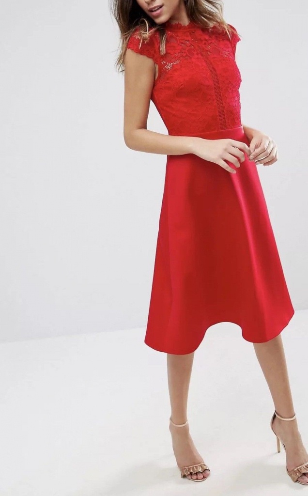Červené midi šaty s čipkovaným topom s krátkym rukávom 185A