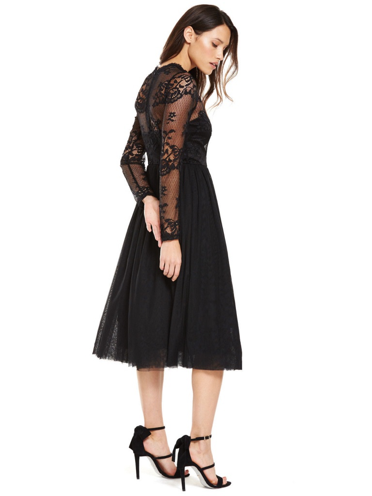 Čierne midi čipkované šaty s tylovou sukňou s dlhým rukávom 186V