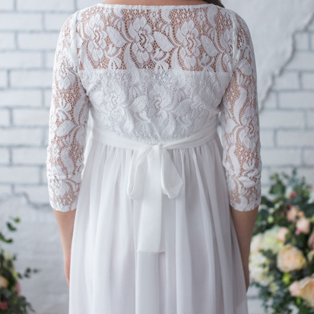 Biele dlhé svadobné tehotenské šaty s čipkou s 3/4 rukávom 156E