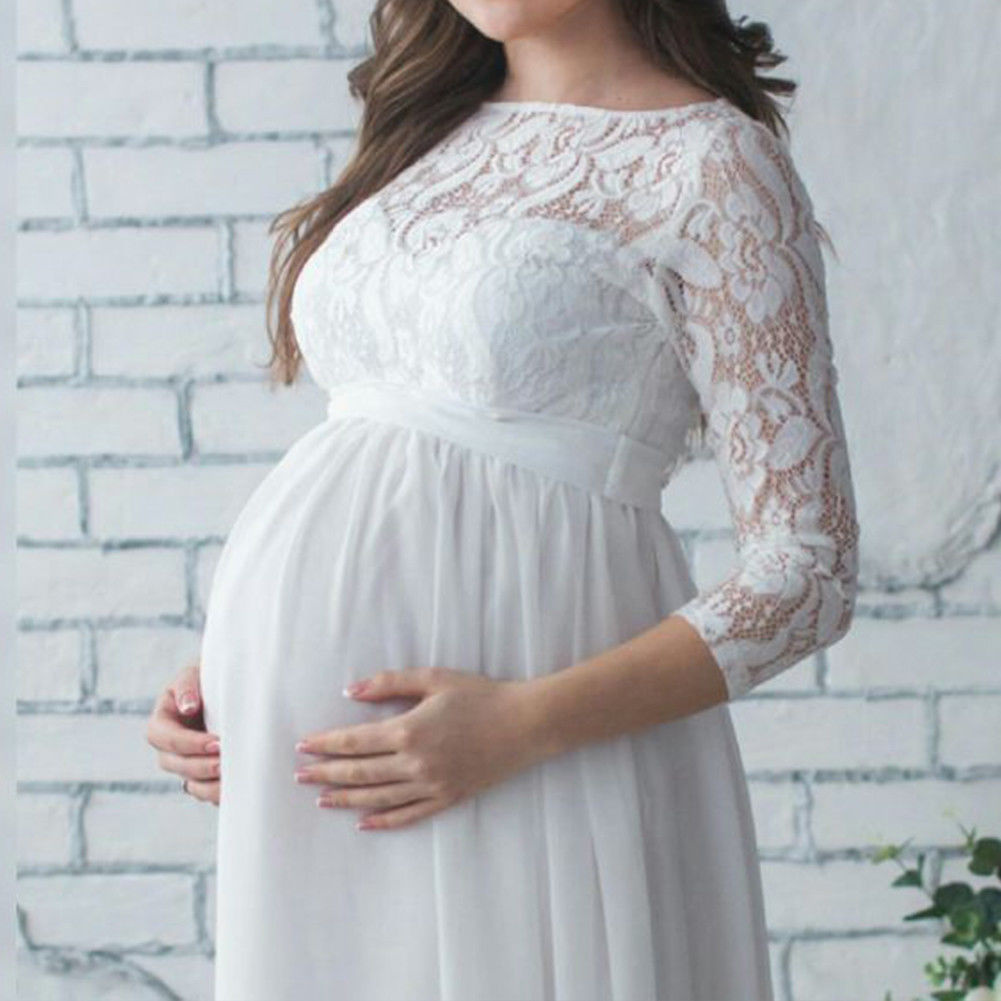 Biele dlhé svadobné tehotenské šaty s čipkou s 3/4 rukávom 156E