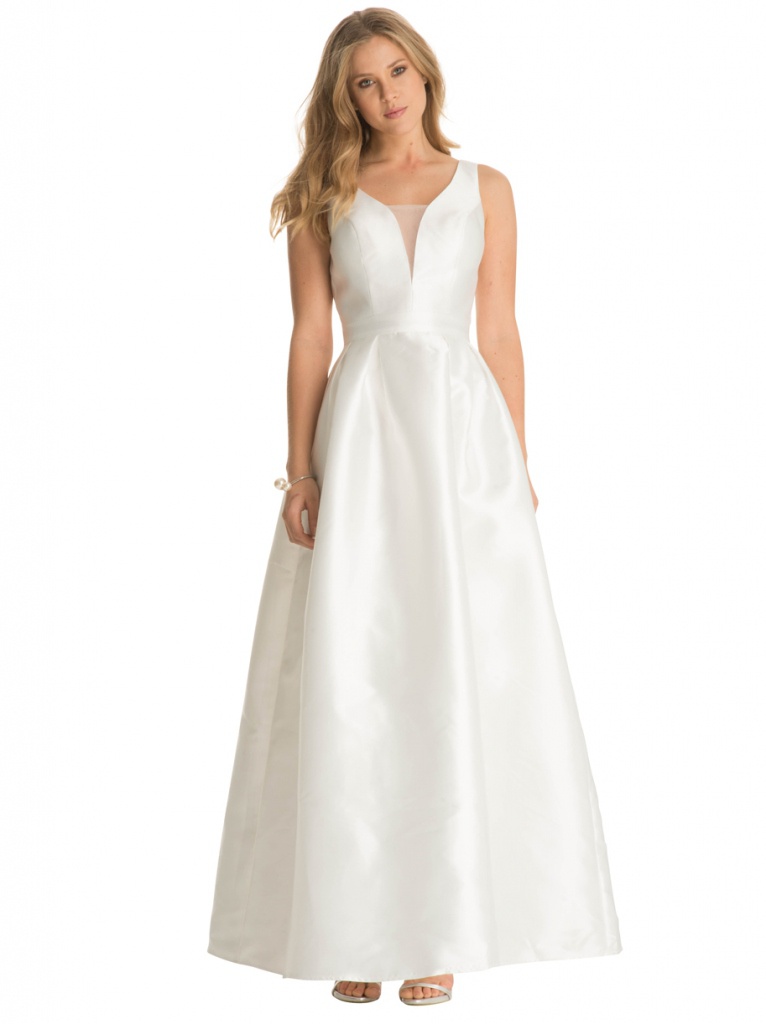 Smotanové dlhé svadobné šaty s výstrihom bez rukávov 166C