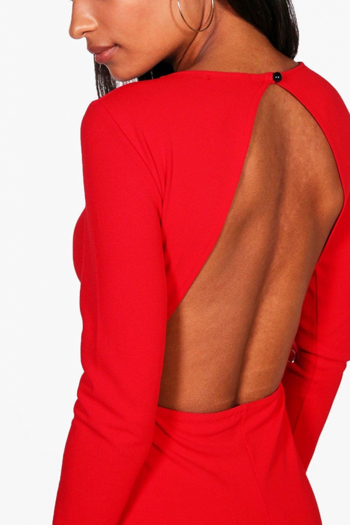 Červené dlhé úzke šaty s otvoreným chrbátom s dlhým rukávom 423BHa