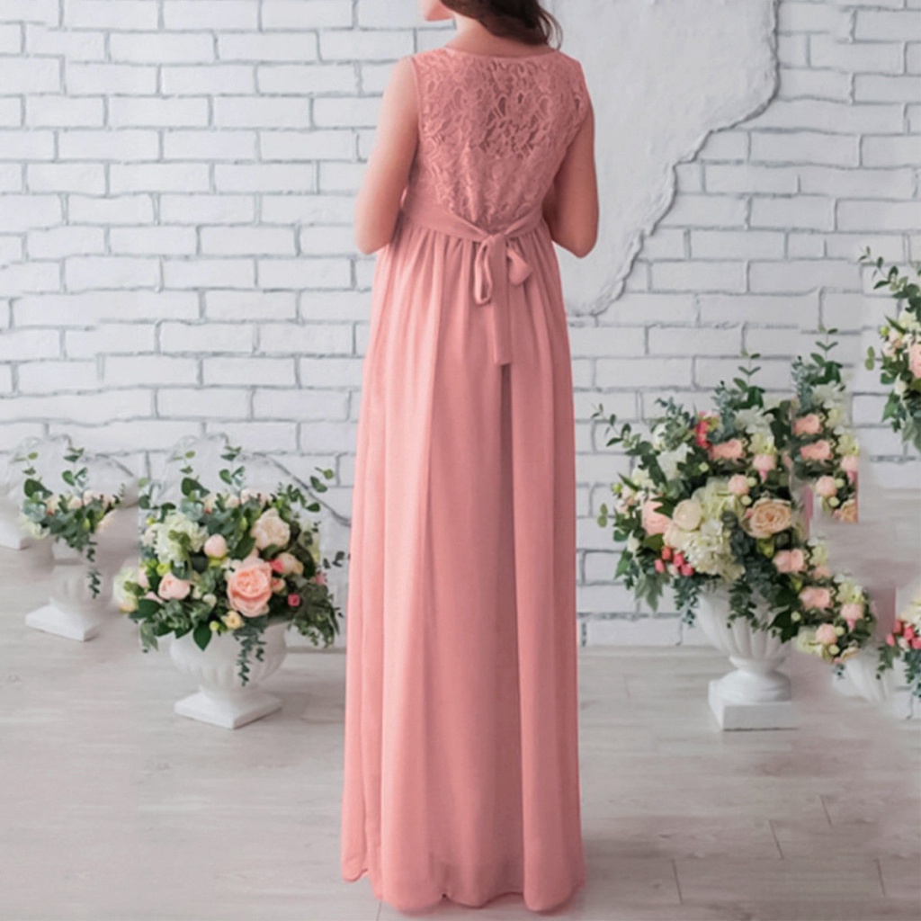 Ružové dlhé tehotenské  šaty s čipkou bez rukávov 425Ea