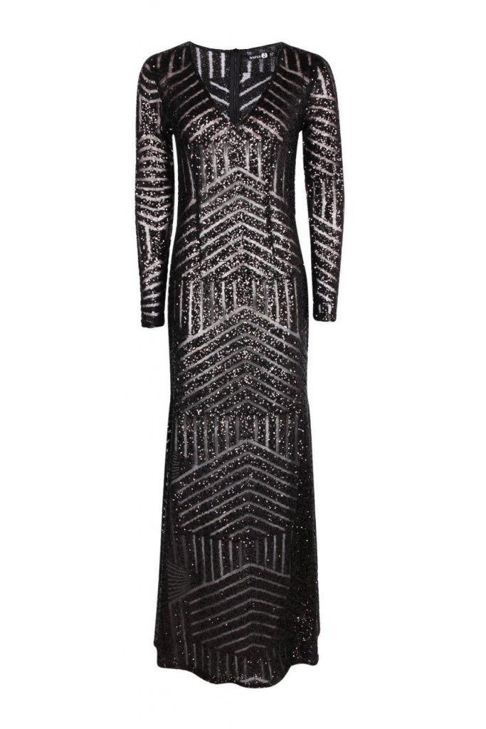 Čierne dlhé flitrované šaty s dlhým rukávom 426BHa
