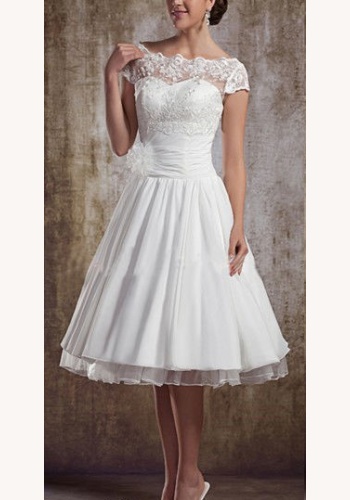 Biele midi svadobné šaty s čipkou s krátkym rukávom 168E