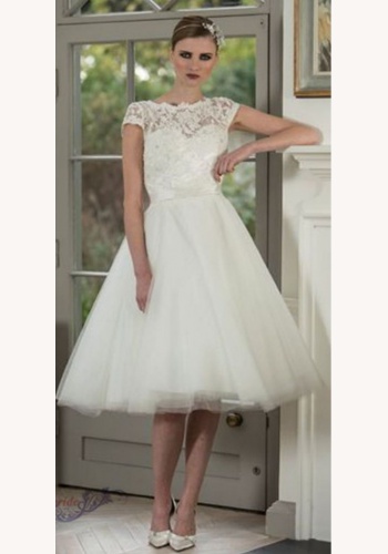 Biele/smotanové midi svadobné šaty s čipkou s krátkym rukávom 169E