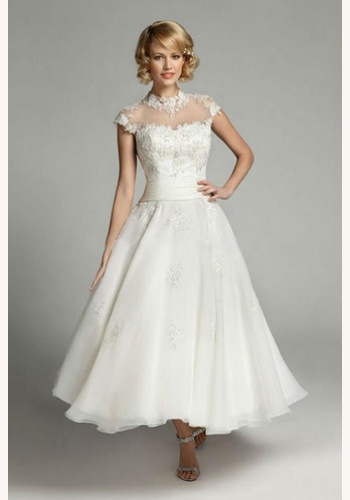 Biele midi svadobné šaty s čipkou s krátkym rukávom 175