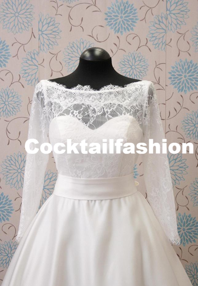 Biele midi svadobné šaty s čipkou s dlhým rukávom 185