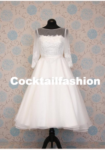 Biele midi svadobné šaty s čipkou s 3/4 rukávom 187