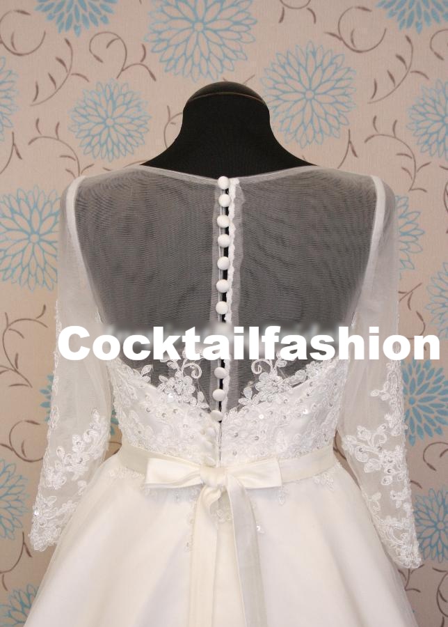 Biele midi svadobné šaty s čipkou s 3/4 rukávom 187