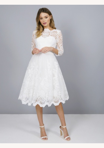 Biele midi čipkované šaty s 3/4 rukávom 191C