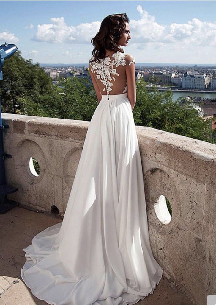 Biele/smotanové dlhé svadobné šaty s čipkou s krátkym rukávom 199LB