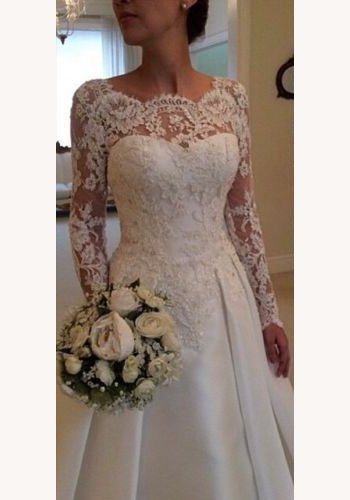 Biele dlhé svadobné šaty s čipkou s dlhým rukávom 203