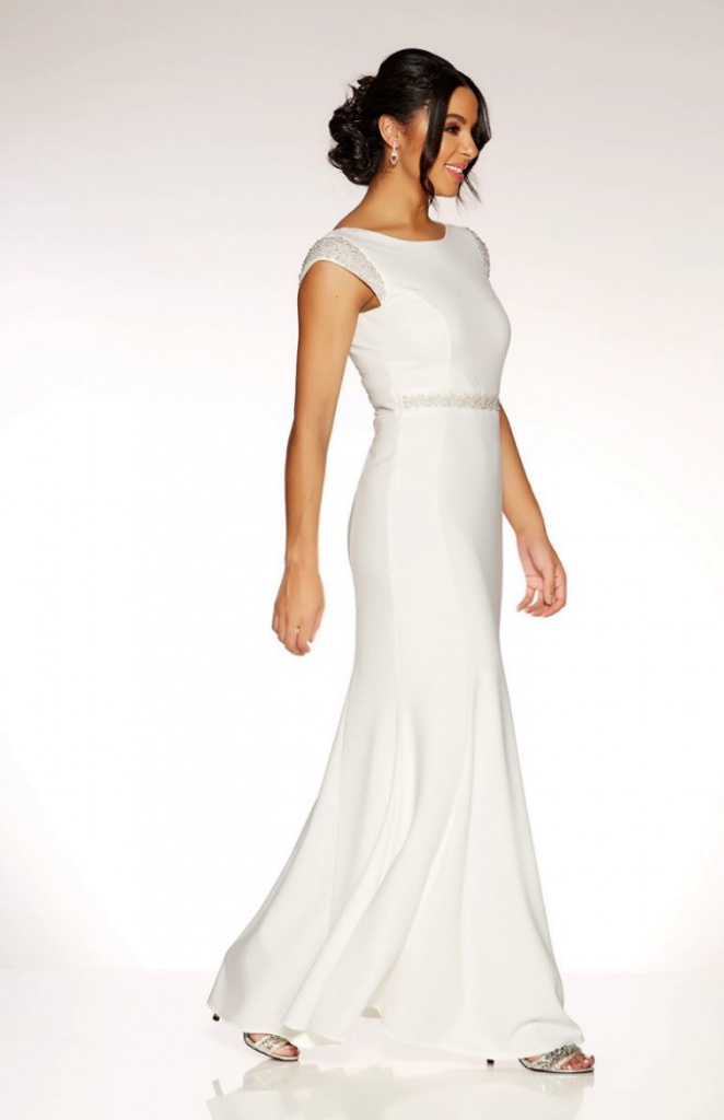 Biele dlhé svadobné šaty s krátkym rukávom morská panna 207Q