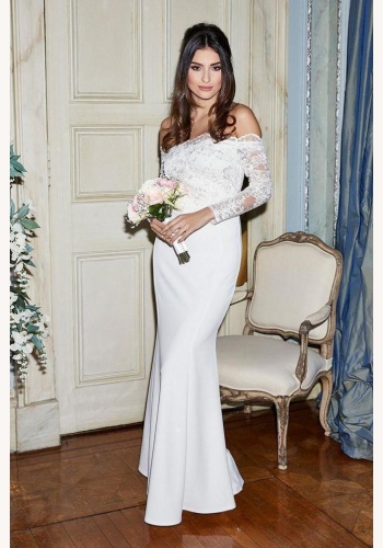 Biele dlhé svadobné čipkované šaty s dlhým rukávom morská panna 208