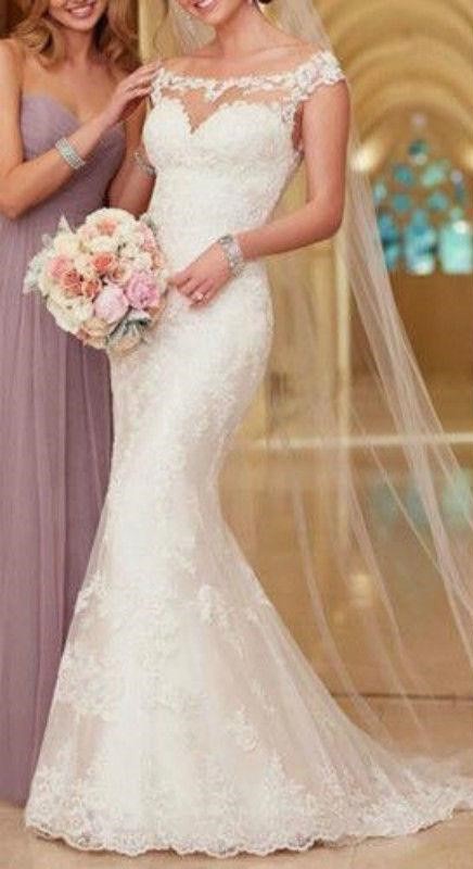 Biele dlhé svadobné čipkované šaty bez rukávov morská panna 204