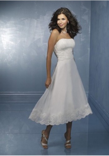 Biele midi svadobné korzetové šaty s čipkou 027