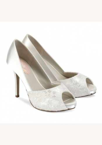 Bielo-smotanové svadobné saténové topánky s čipkou vpredu otvorené na vysokom opäatku 054P
