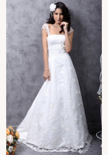 Biele dlhé čipkované svadobné šaty na ramienka 052LB