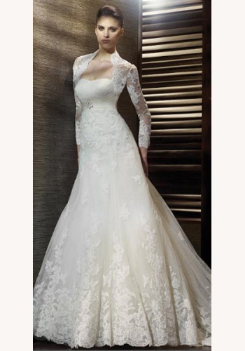 Biele dlhé korzetové svadobné šaty s čipkovaným bolerom s dlhým rukávom 059