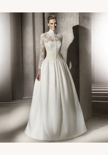 Biele dlhé svadobné šaty s čipkovaným topom s dlhým rukávom 064