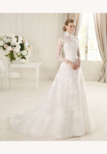 Biele dlhé čipkované svadobné šaty s golierom s dlhým rukávom 072