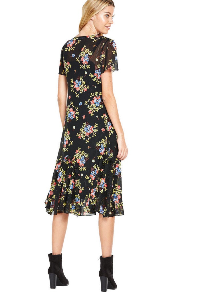 Čierne midi vintage kvetinové šaty s krátkym rukávom 217V