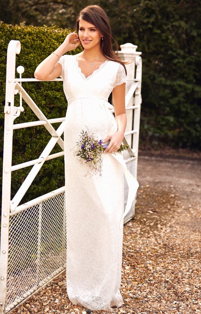 Tiffany Rose smotanové dlhé svadobné tehotenské čipkované šaty s krátkym rukávom 225TR