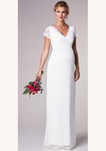 Tiffany Rose smotanové dlhé svadobné tehotenské čipkované šaty s krátkym rukávom 225TR