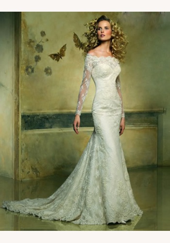 Smotanové dlhé svadobné čipkované šaty s dlhým rukávom morská panna 109