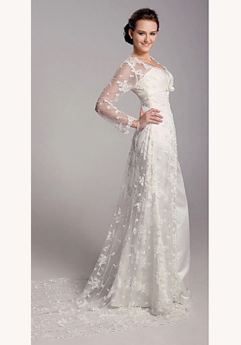 Biele dlhé svadobné saténové šaty s čipkovanou vlečkou s dlhým rukávom 111