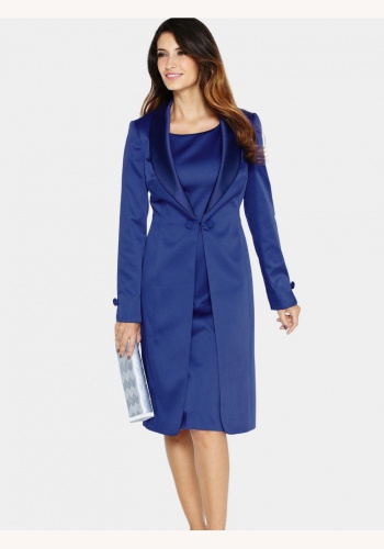 Modré midi šaty bez rukávov s kabátikom s dlhým rukávom 024BXa