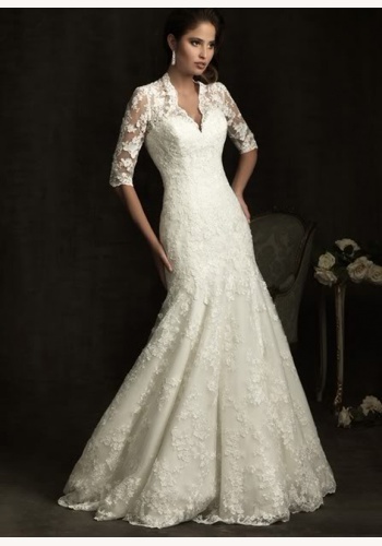 Biele dlhé čipkované svadobné šaty s 3/4 rukávom morská panna 155