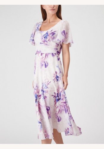 Smotanovo-fialové midi šaty s kvetovanou potlačou s krátkym rukávom 298JV