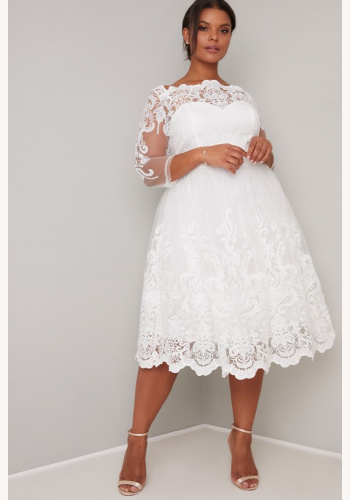 Plus biele midi čipkované šaty s 3/4 rukávom 191C