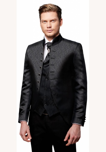 Čierny pánsky svadobný 8-dielny oblek tuxedo slim fit 069Pa