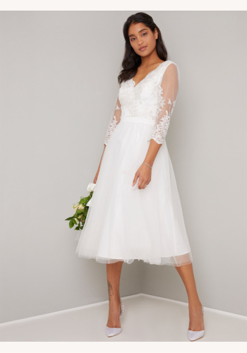 Biele midi svadobné vyšívané šaty s kvetovanou potlačou s 3/4 rukávom 314C