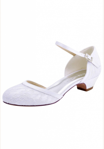 Biele svadobné čipkované topánky na nízkom opätku 075AZ