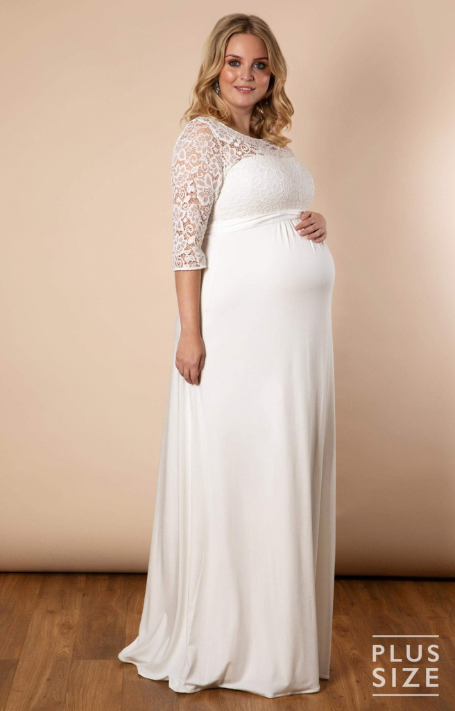 Tiffany Rose Plus smotanové dlhé tehotenské čipkované šaty s 3/4 rukávom 458TRa