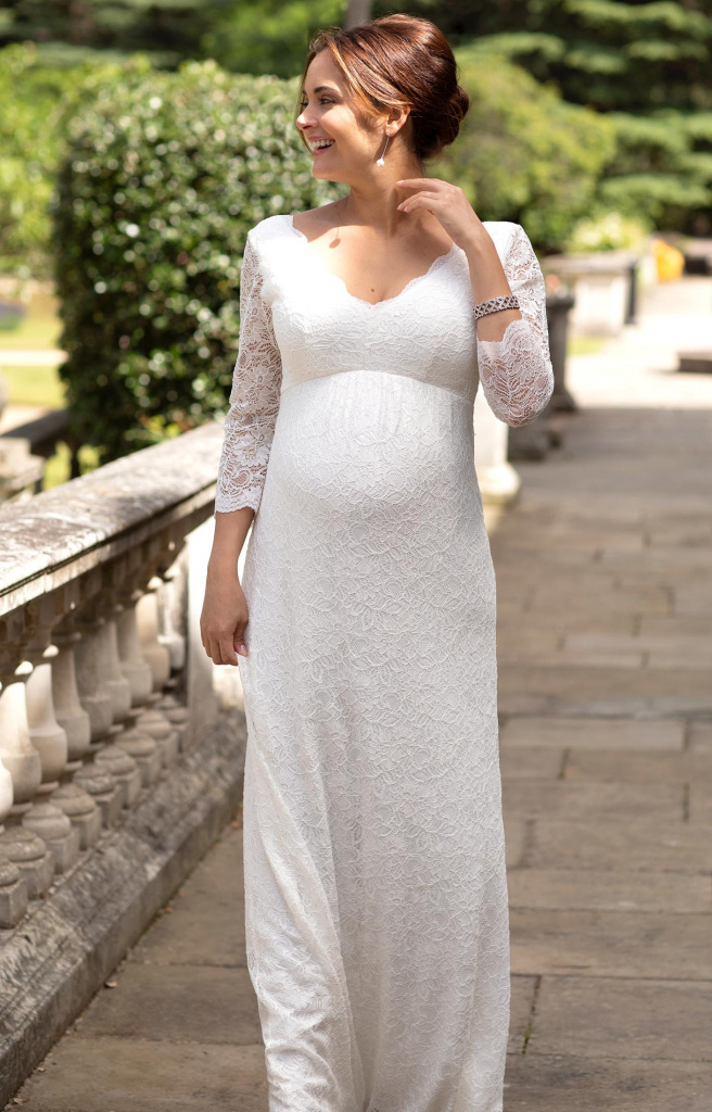 Tiffany Rose smotanové dlhé tehotenské čipkované šaty s 3/4 rukávom 459TR
