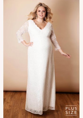 Tiffany Rose Plus smotanové dlhé tehotenské čipkované šaty s 3/4 rukávom 459TRa
