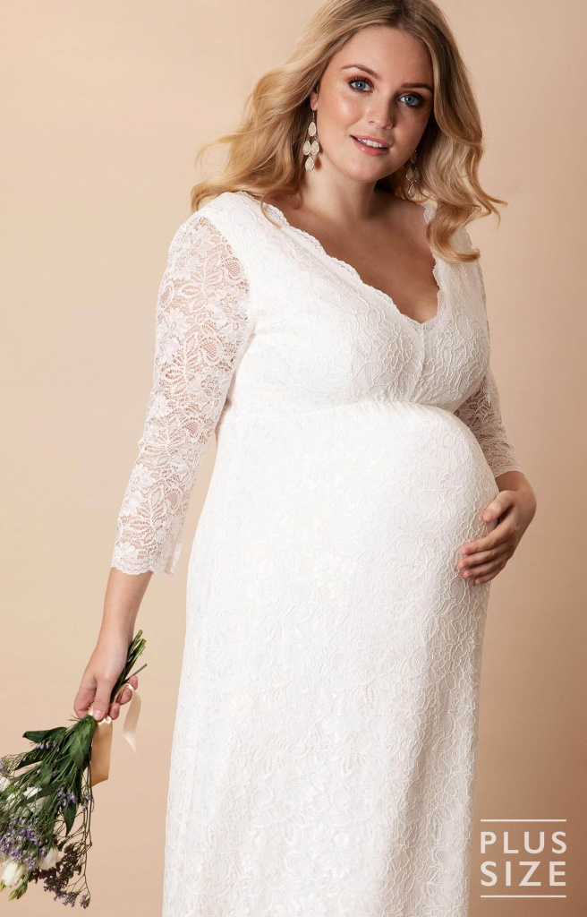 Tiffany Rose Plus smotanové dlhé tehotenské čipkované šaty s 3/4 rukávom 459TRa