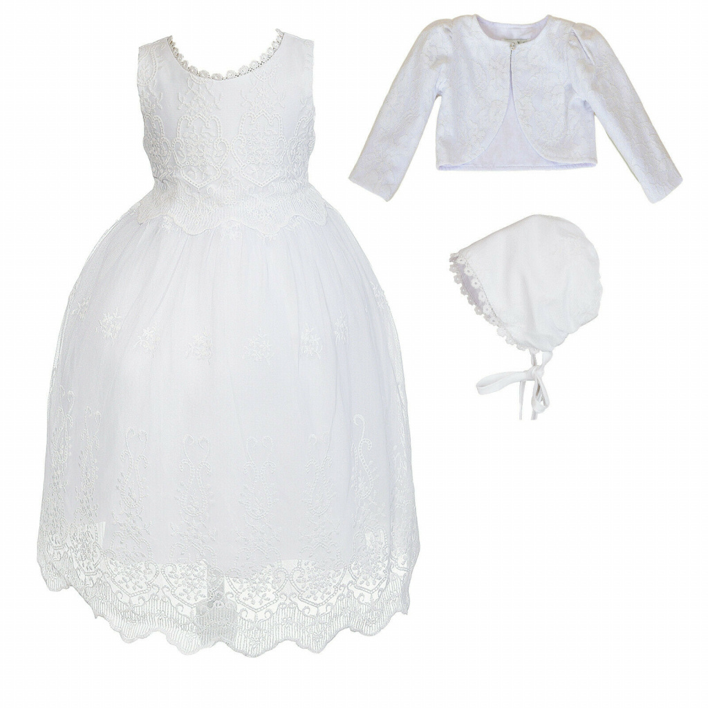 Biele čipkované dievčenské šaty na krst 3/4-dielny set 017AZ